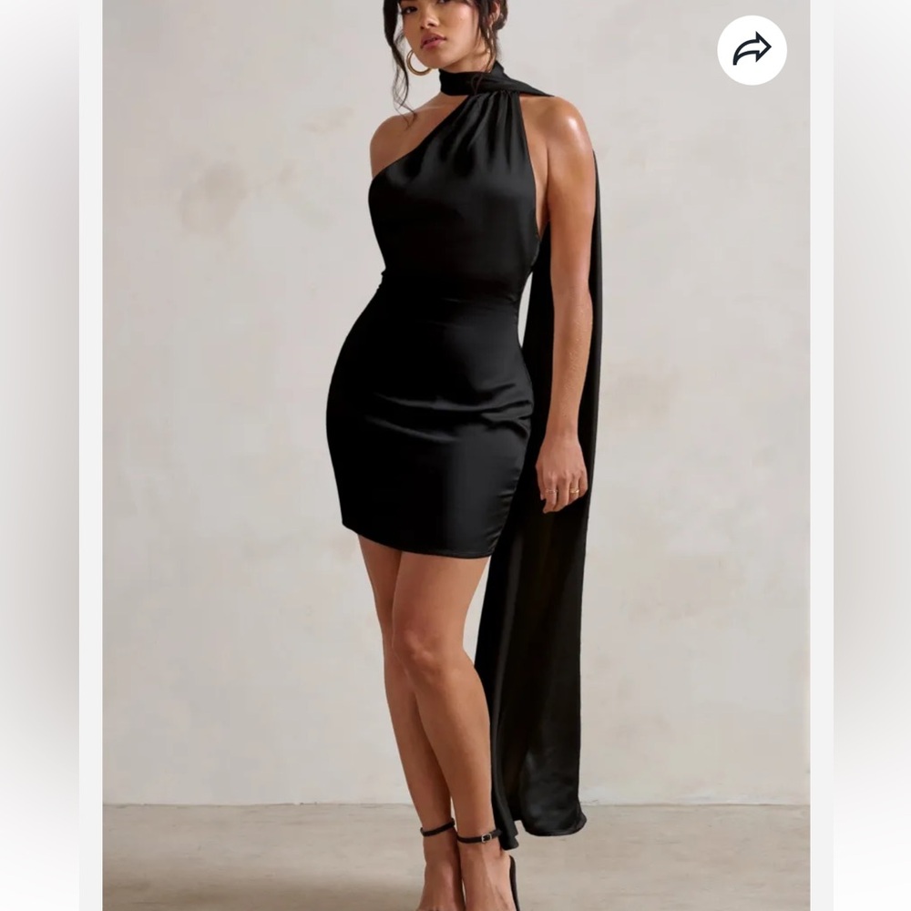 Club L London One-Shoulder Black Mini Dress with Dramatic Drape